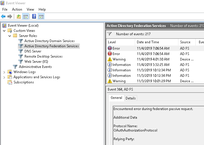 Windows Event Viewer showing ADFS error logs for debugging