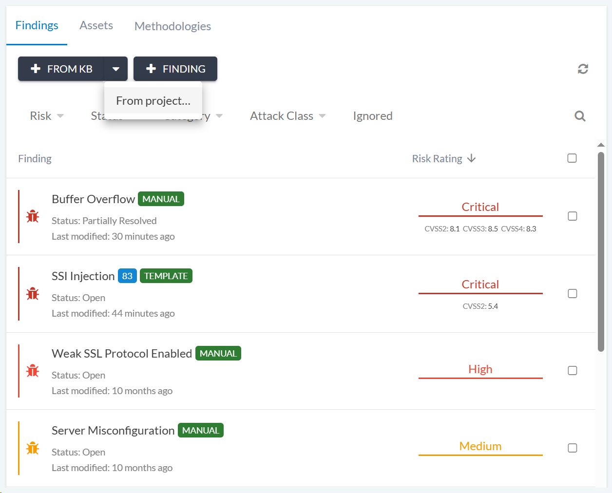 Interface for adding findings from the project with a button to add findings from the project