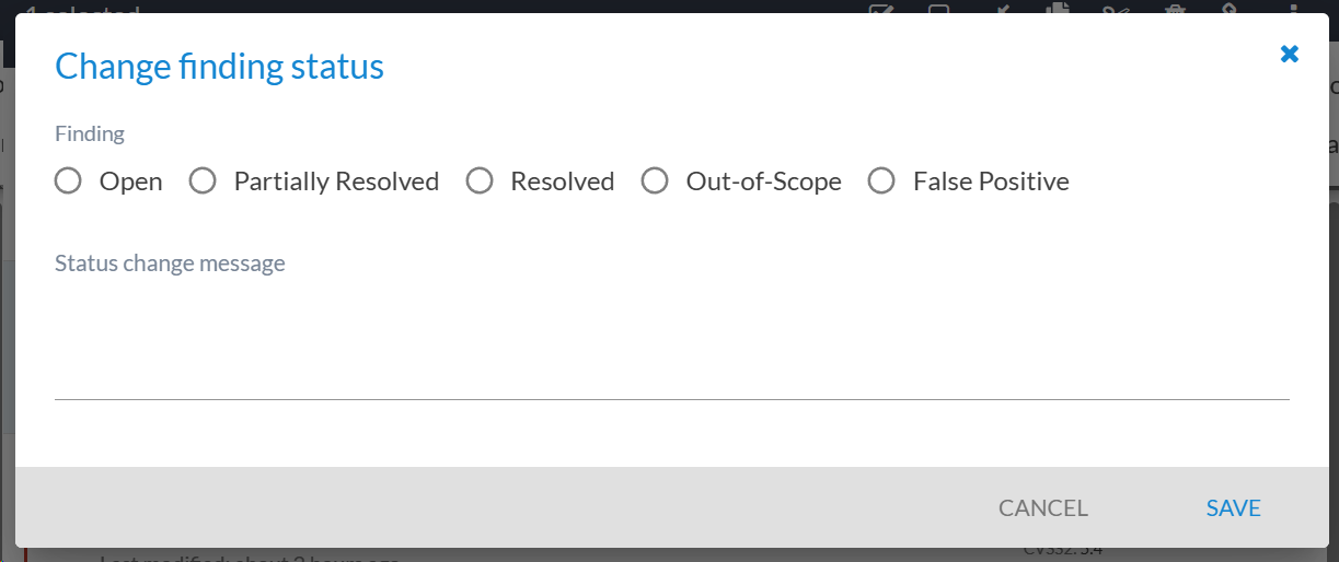Modal dialog for selecting a new finding status