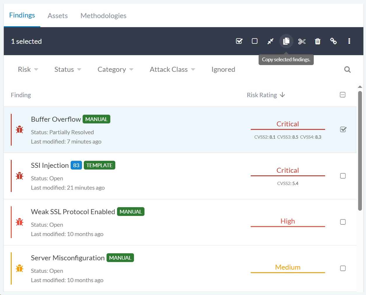 Interface showing how to copy findings with selected findings highlighted