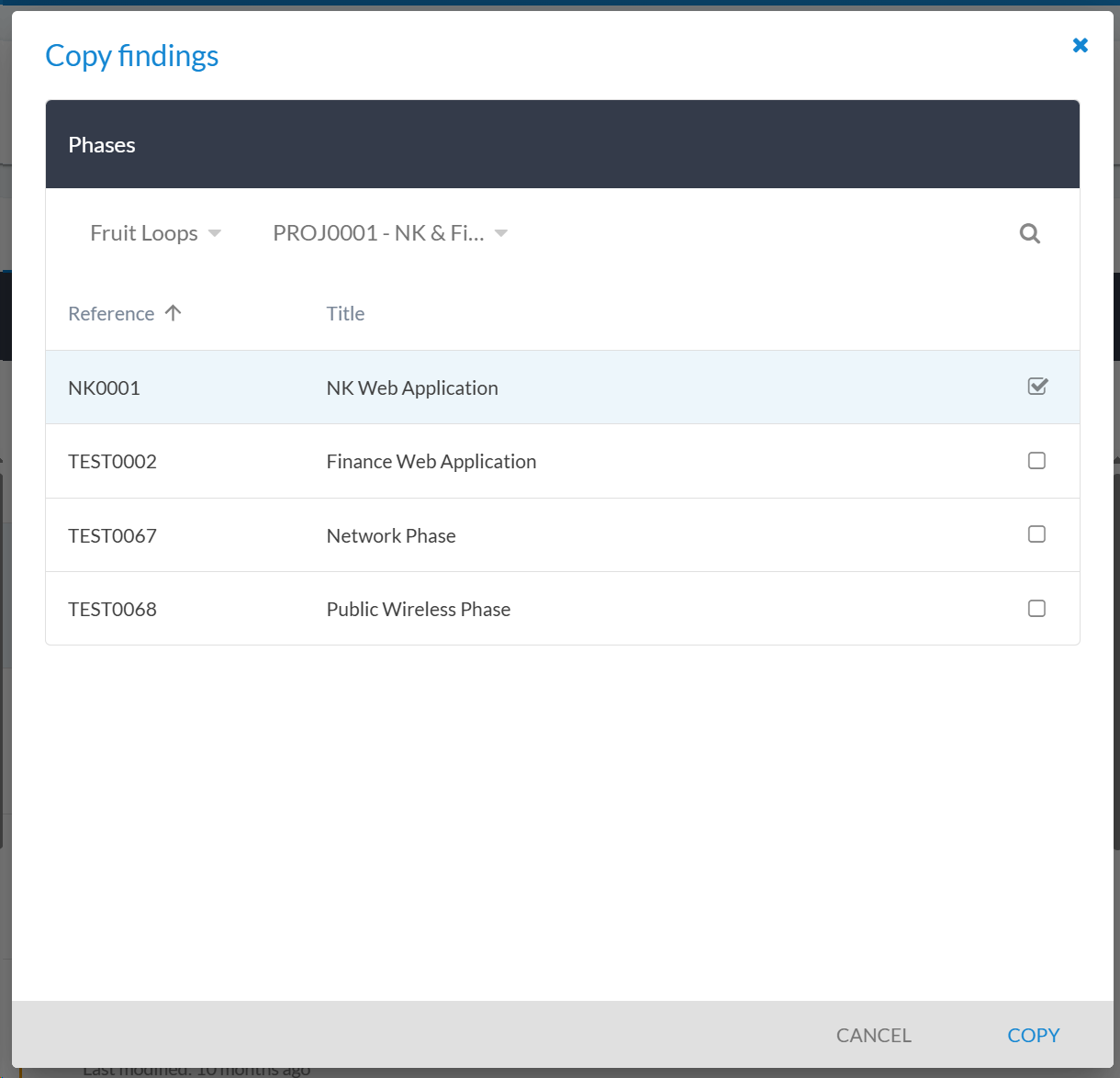 Modal dialog for copying findings to another phase with phase selection options