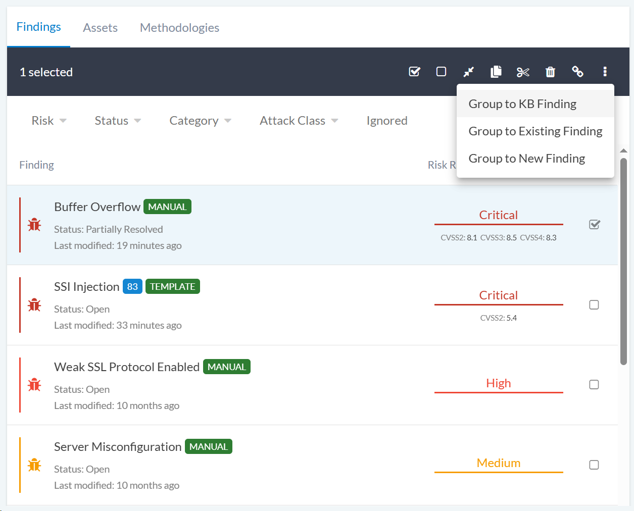 Interface showing the three grouping options: KB finding, existing finding, or new finding