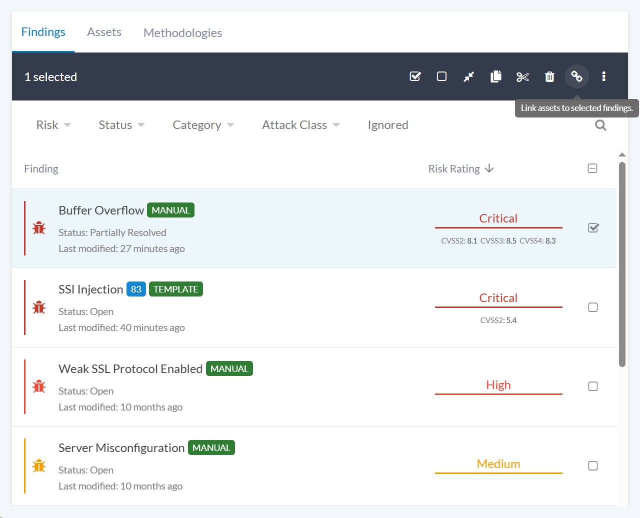 Interface showing how to link assets to findings with the link assets button highlighted
