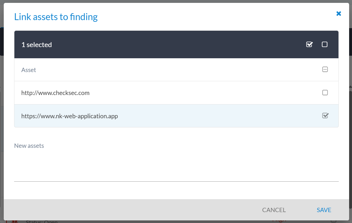 Modal dialog for selecting assets to link to findings with options to add new assets