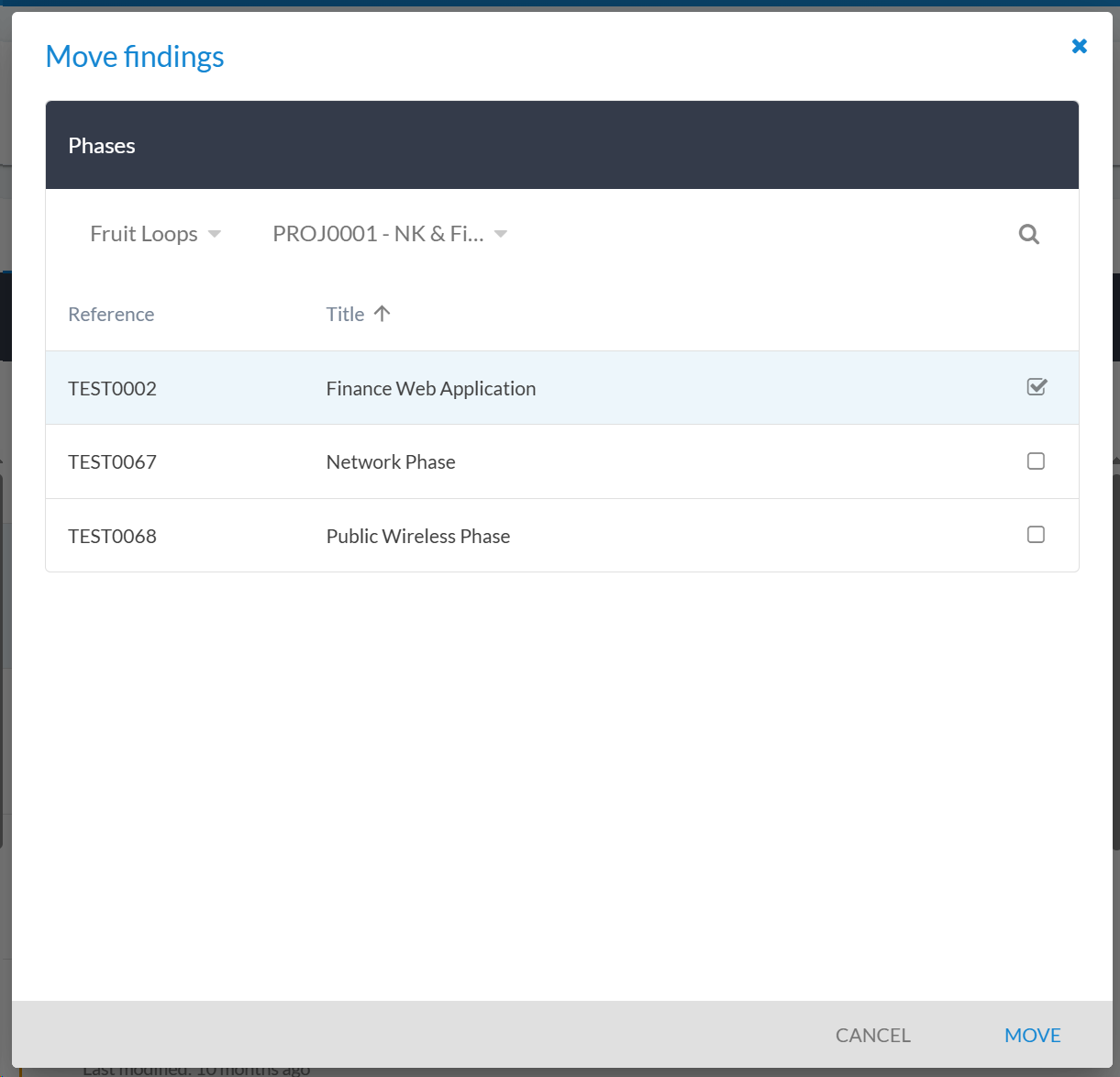 Modal dialog for moving findings to another phase with phase selection options
