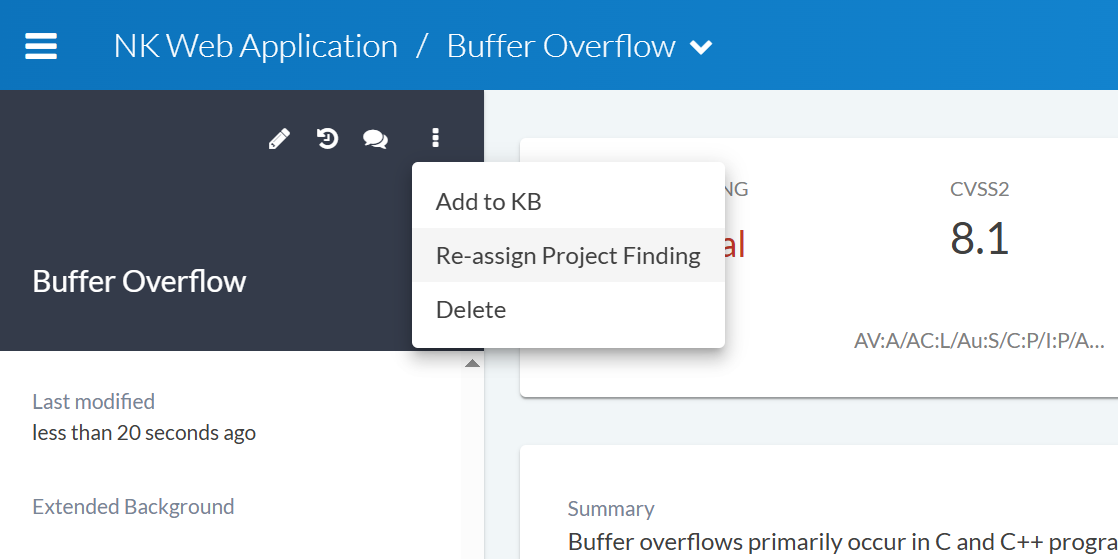 Interface showing the More options menu with Re-assign Project Finding option highlighted