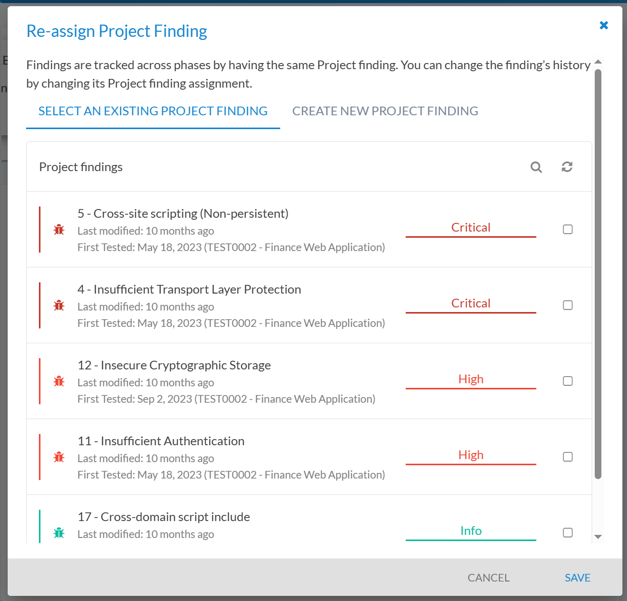 Modal dialog for reassigning a finding to an existing or new project finding