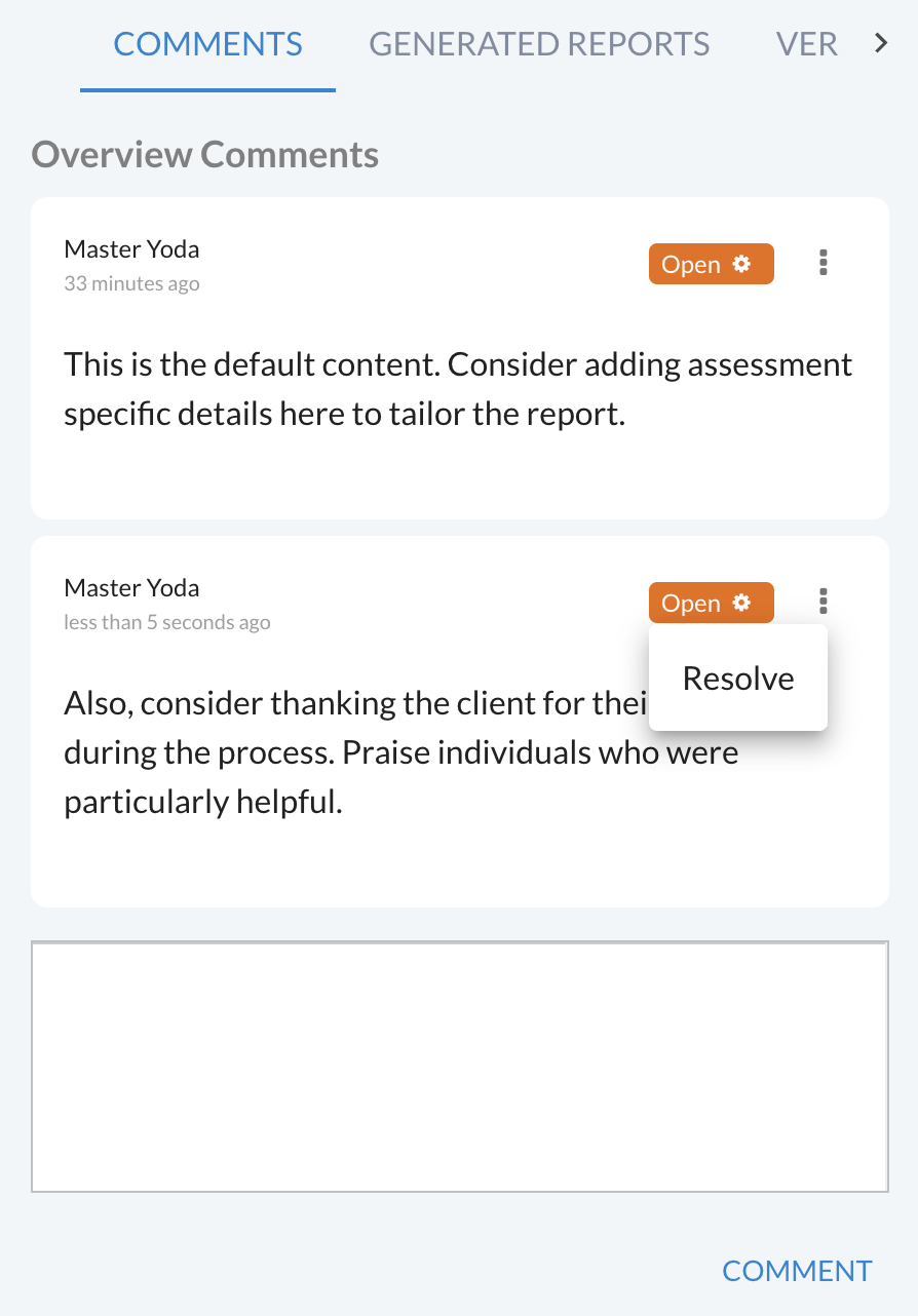 Comments section showing review feedback on report sections