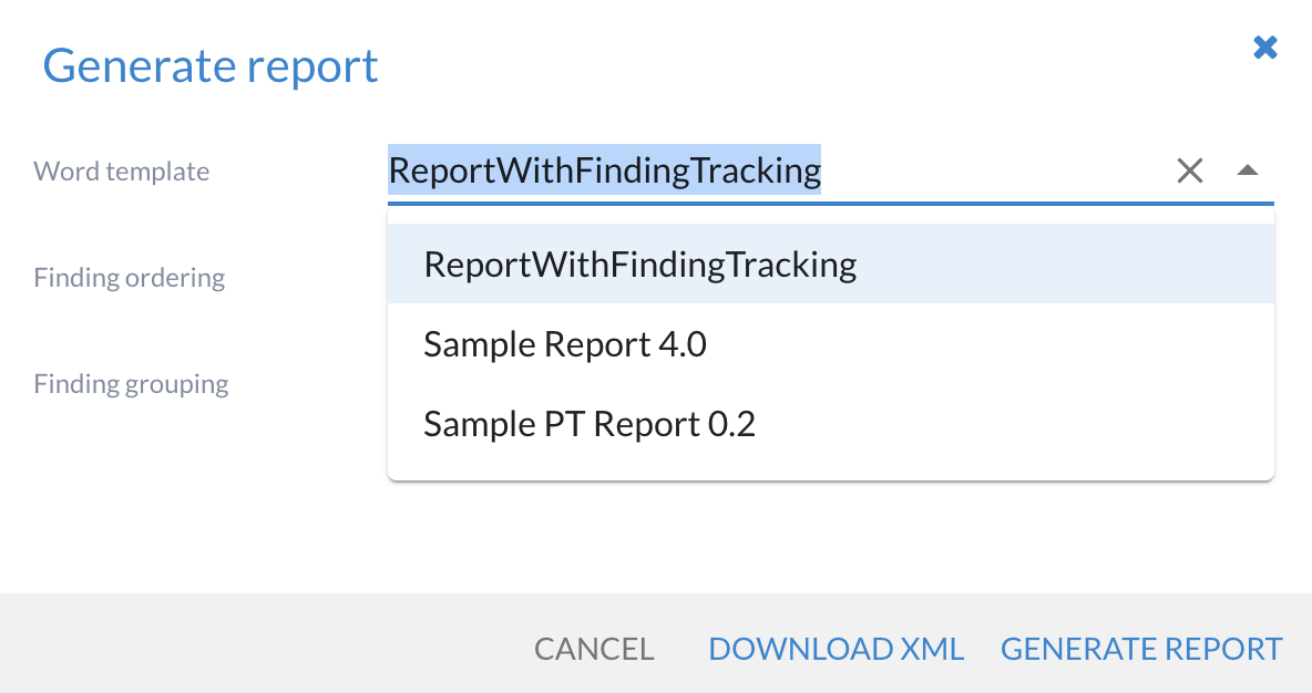 Report generation interface with options for output formats
