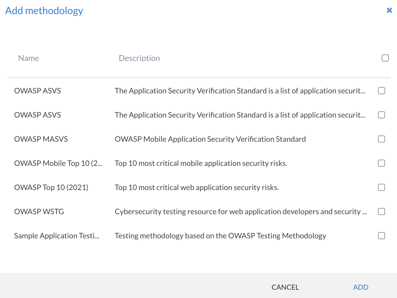 Dialog for adding methodologies with a list of available methodology templates