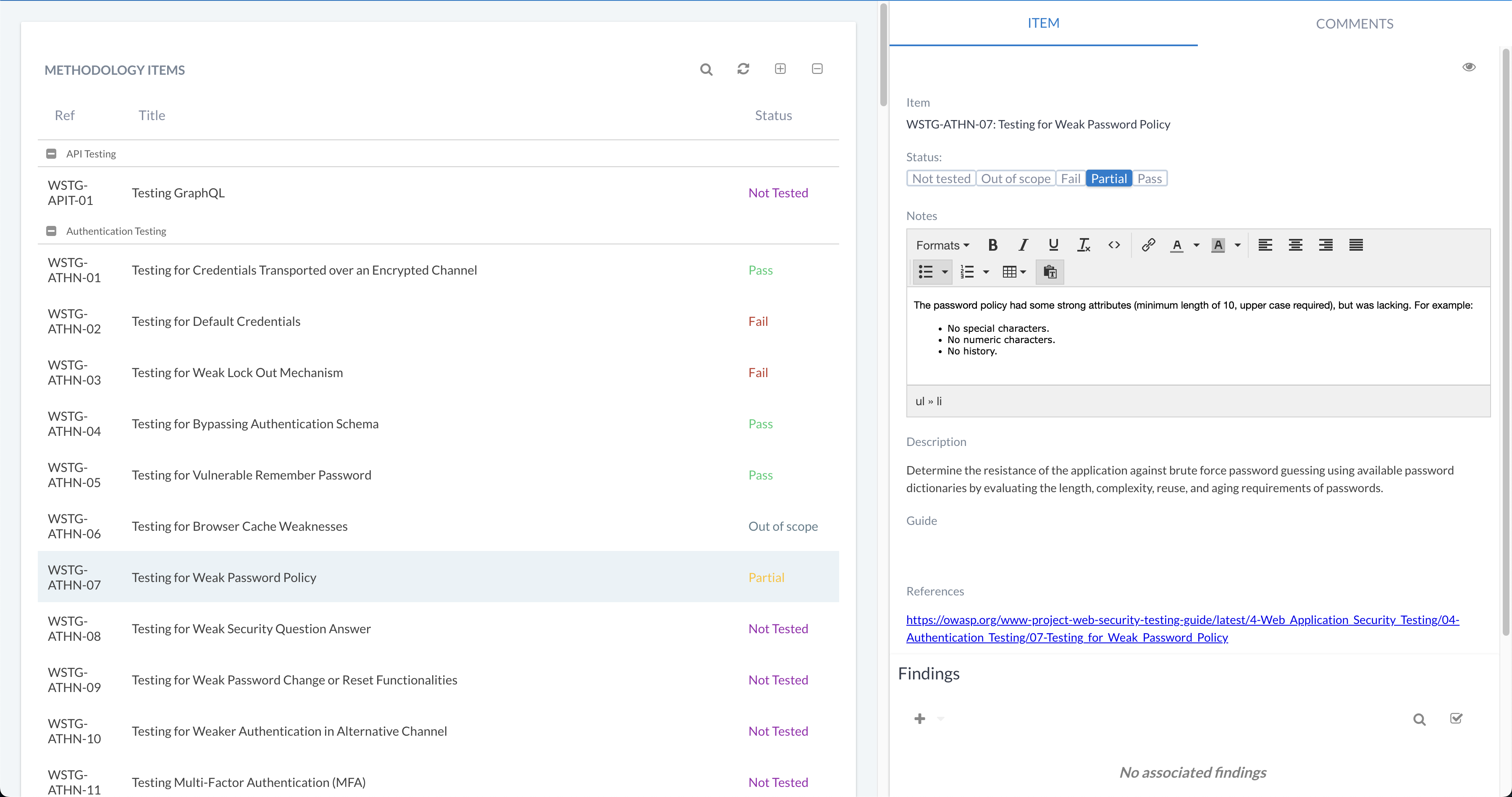 Main methodology view showing item status options including Pass, Fail, and Not Applicable