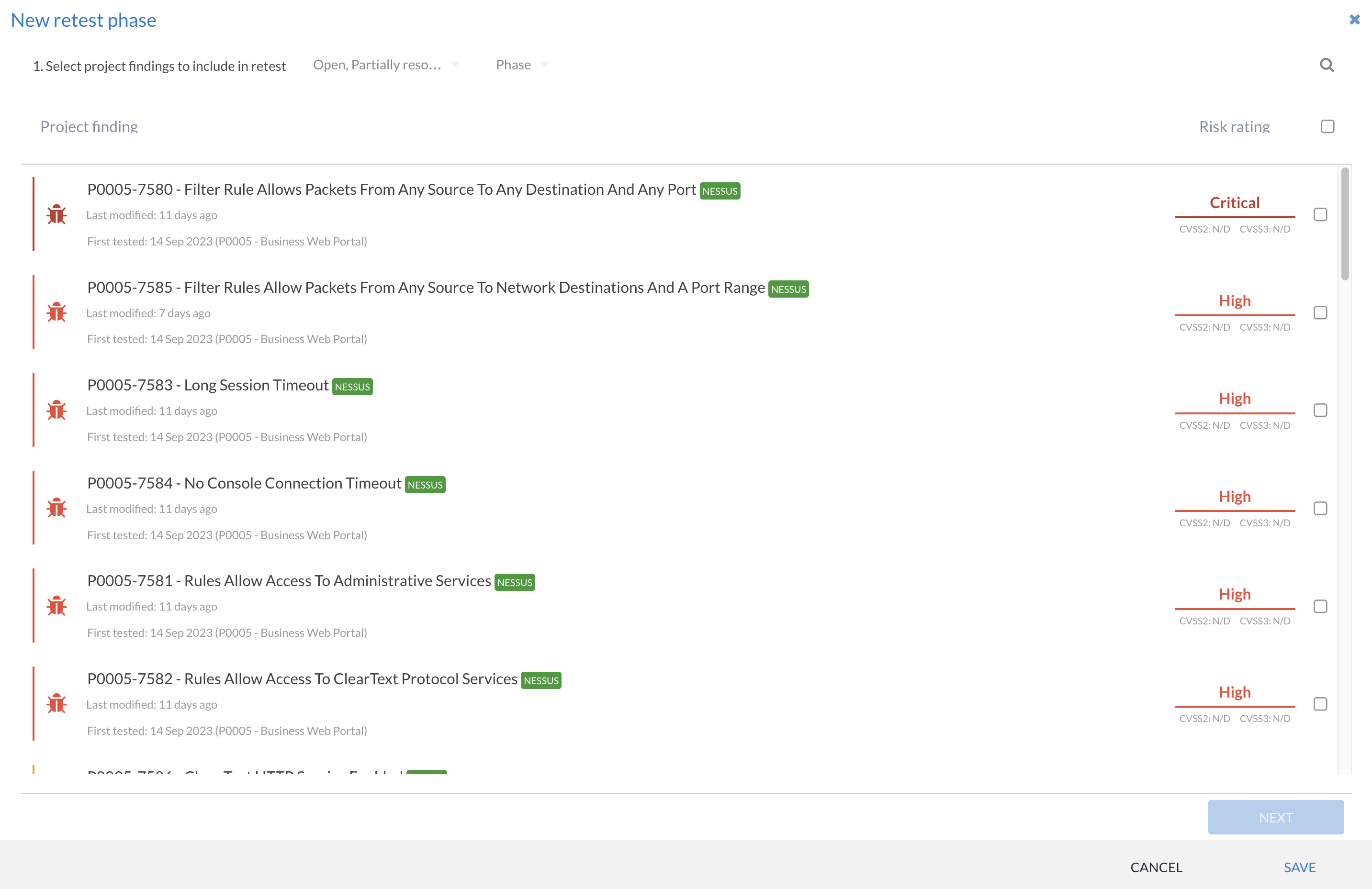 New retest phase wizard for selecting findings to include in a retest