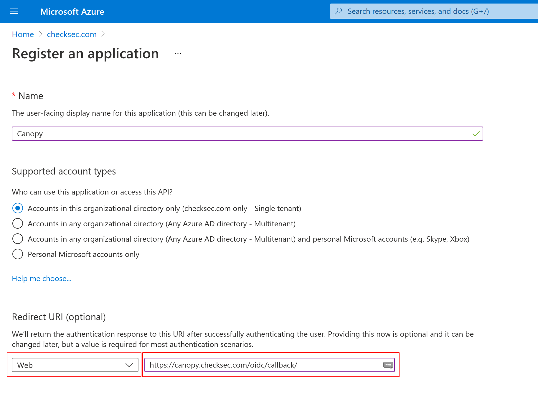 Microsoft Entra ID app registration form showing redirect URI configuration