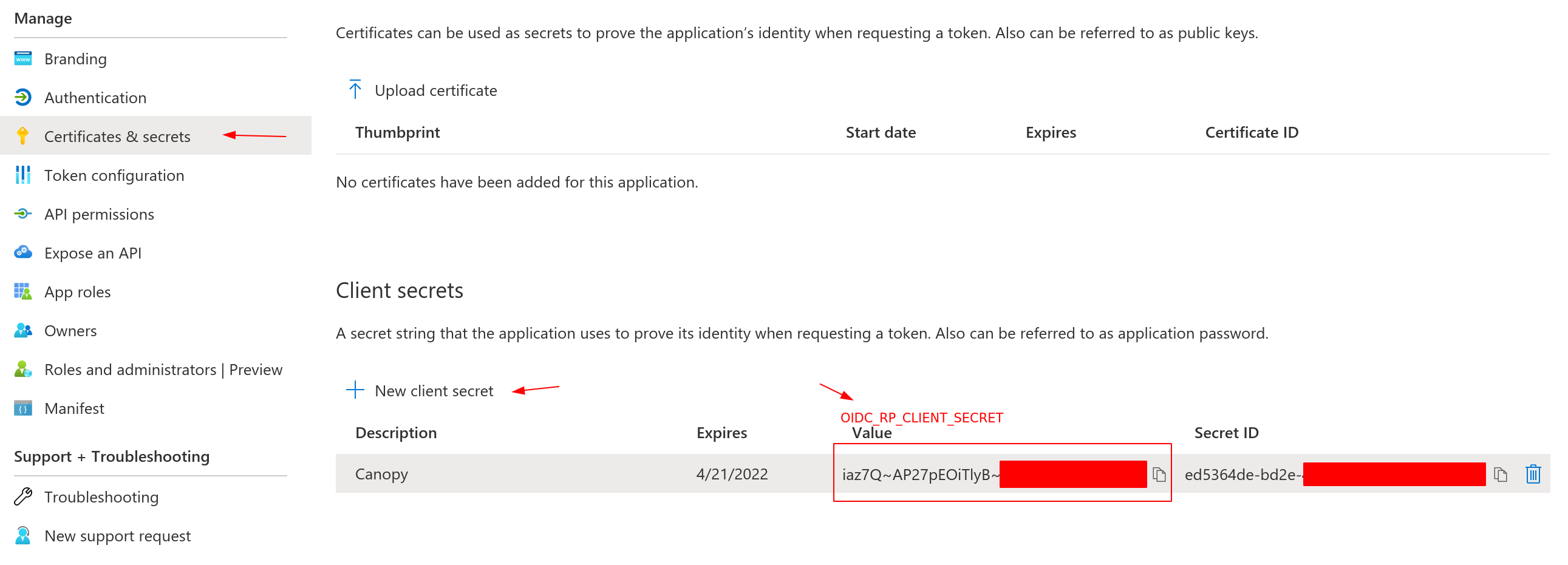 Microsoft Entra ID client secret creation interface