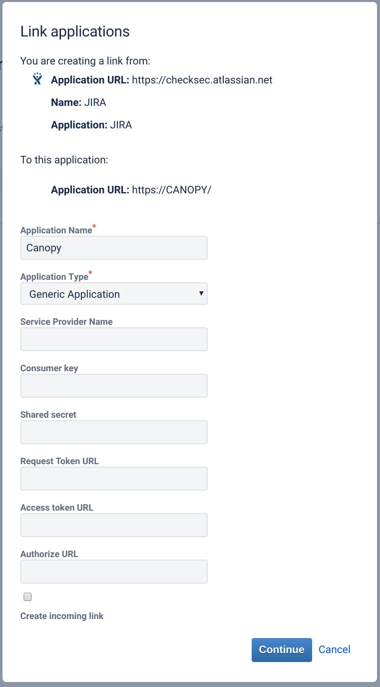 Second step of creating a new application link in Jira
