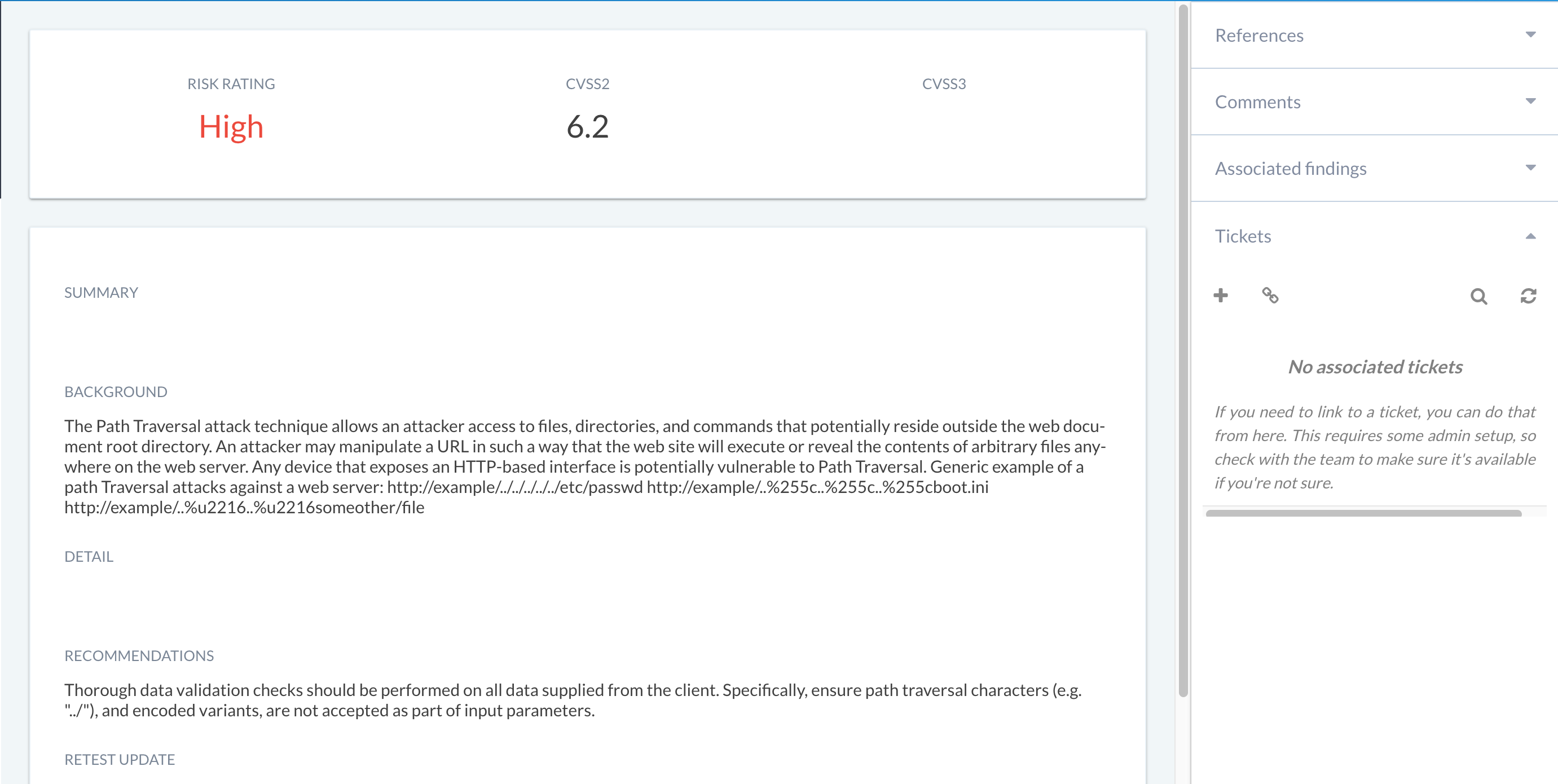Panel showing Jira tickets associated with findings