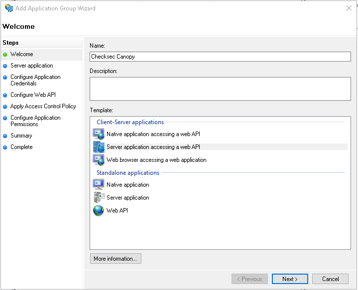 ADFS Application Group creation wizard with Server Application accessing a web API option