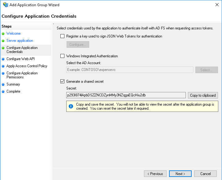 ADFS shared secret generation interface