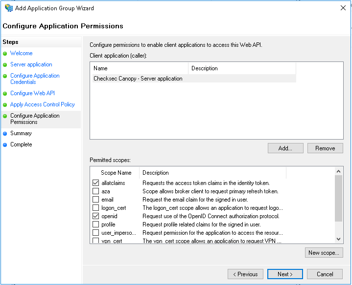 ADFS scope selection with openid and allatclaims scopes highlighted