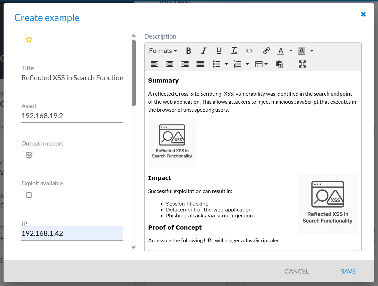 Form for adding example evidence