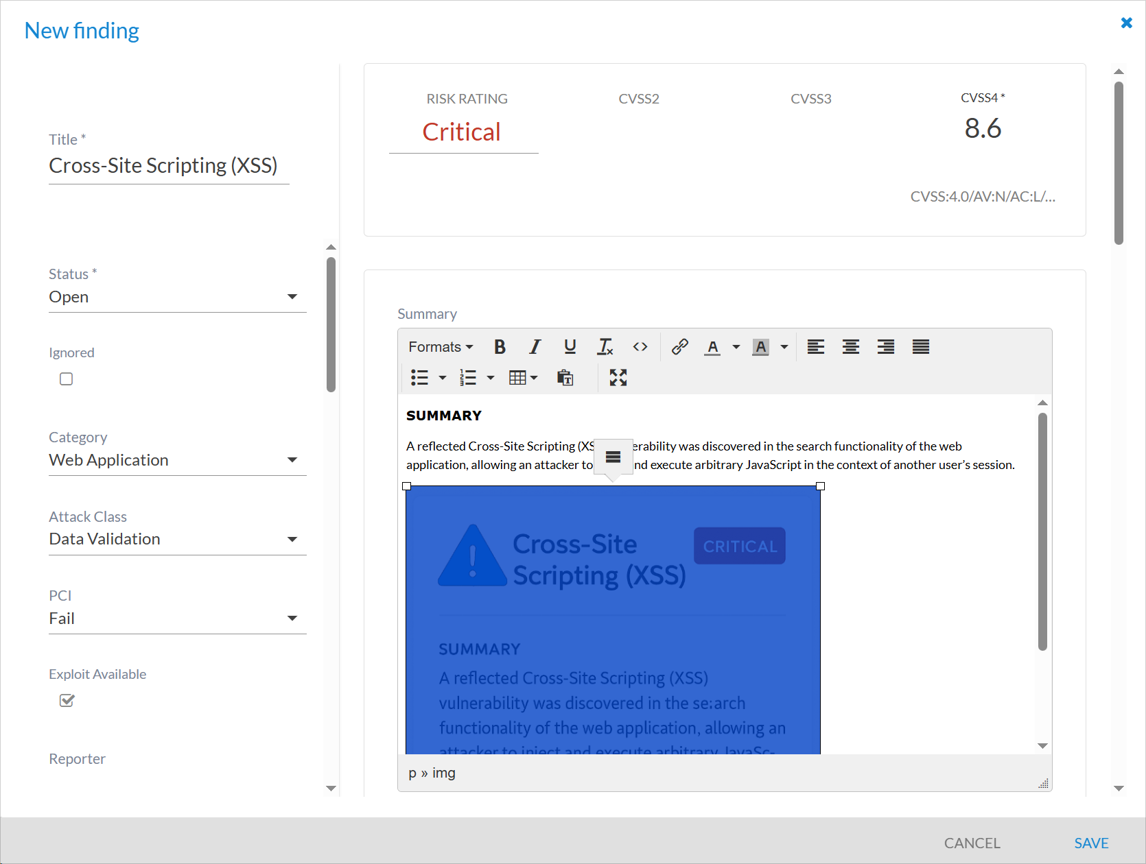 Form for adding a new finding