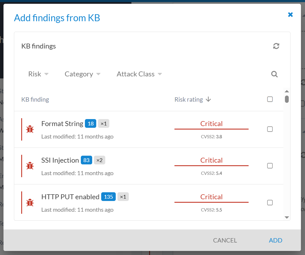 Form for selecting findings from knowledge base