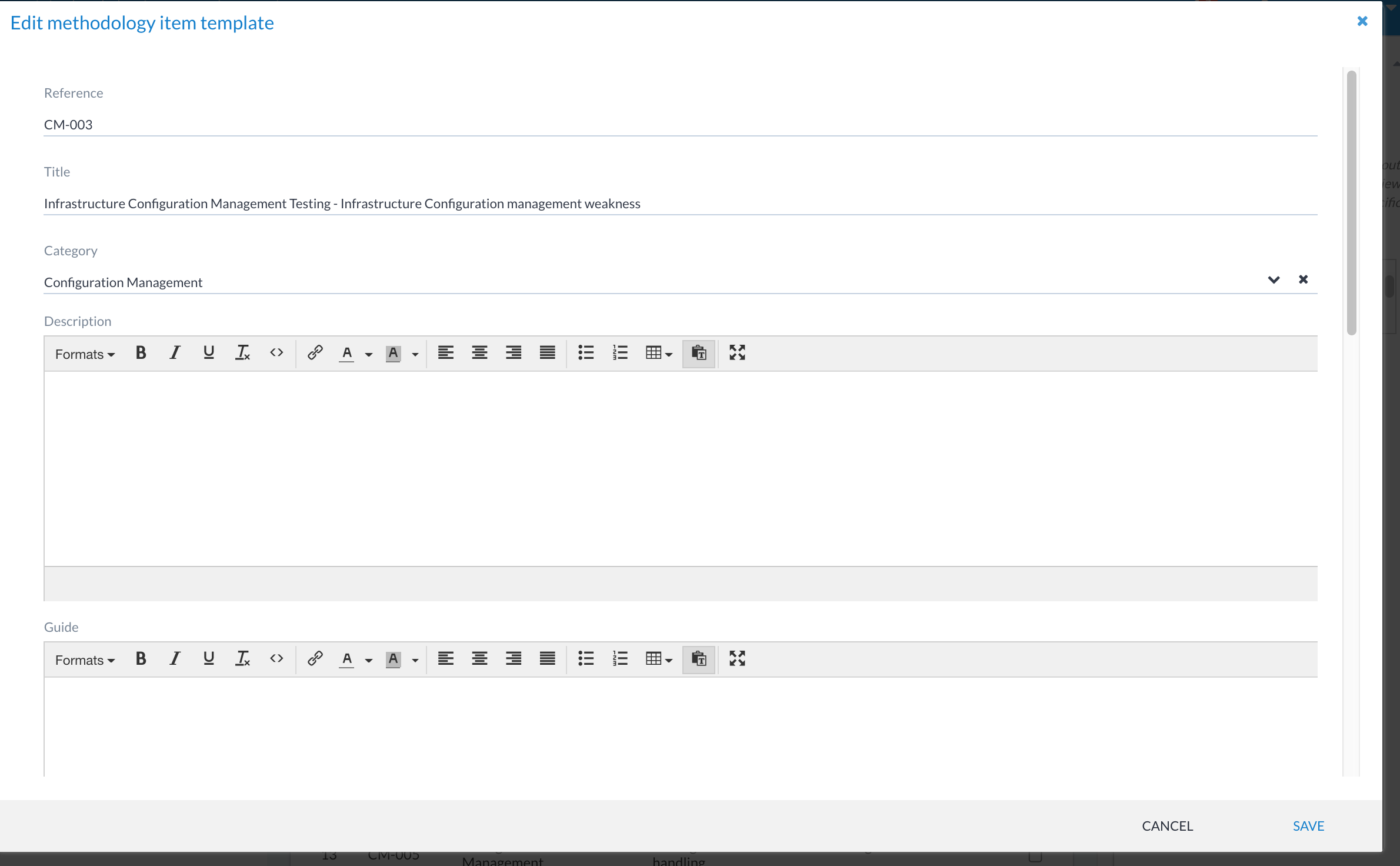 Edit window for adding methodology items with reference, title, and description fields