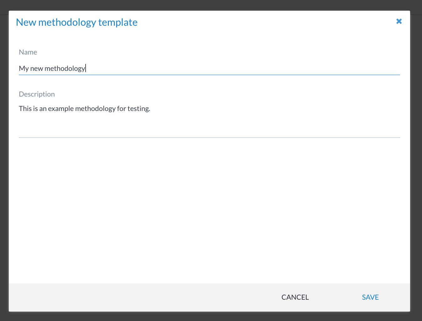 Form for creating a new methodology template with title and description fields