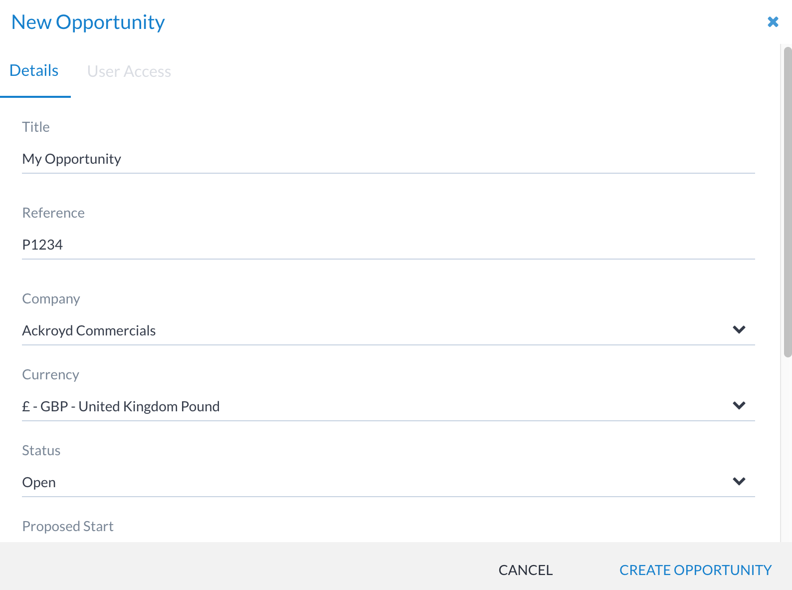 Form for creating a new opportunity