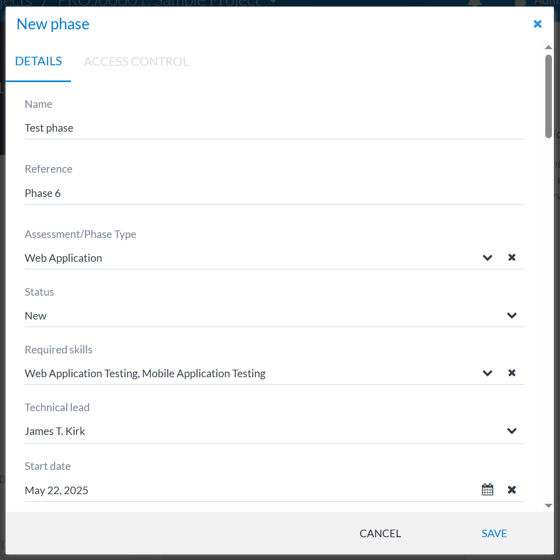 Form for adding a new phase