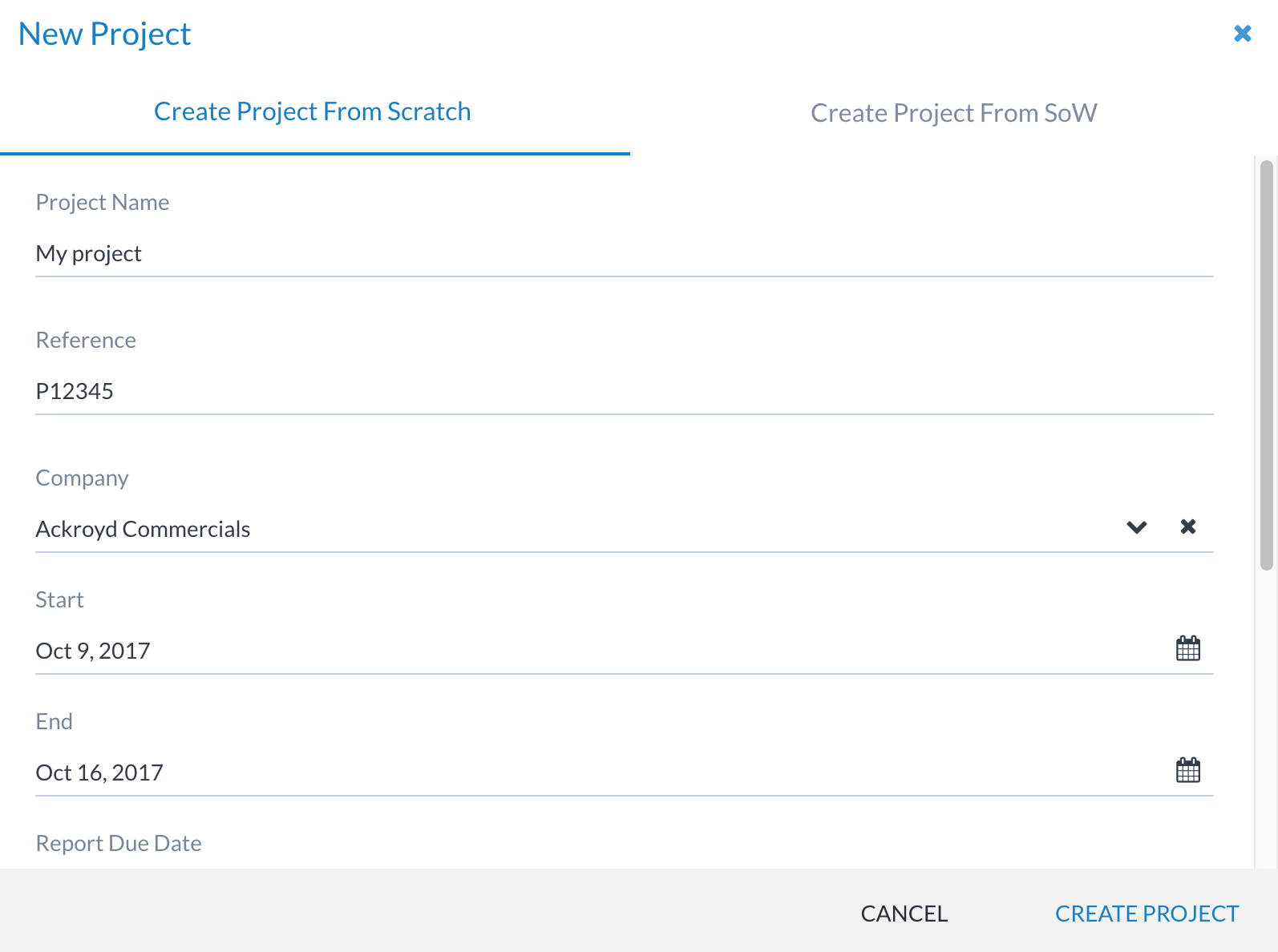 Form for creating a new project