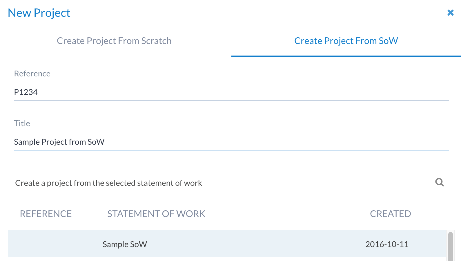 Interface for creating a project from a statement of work