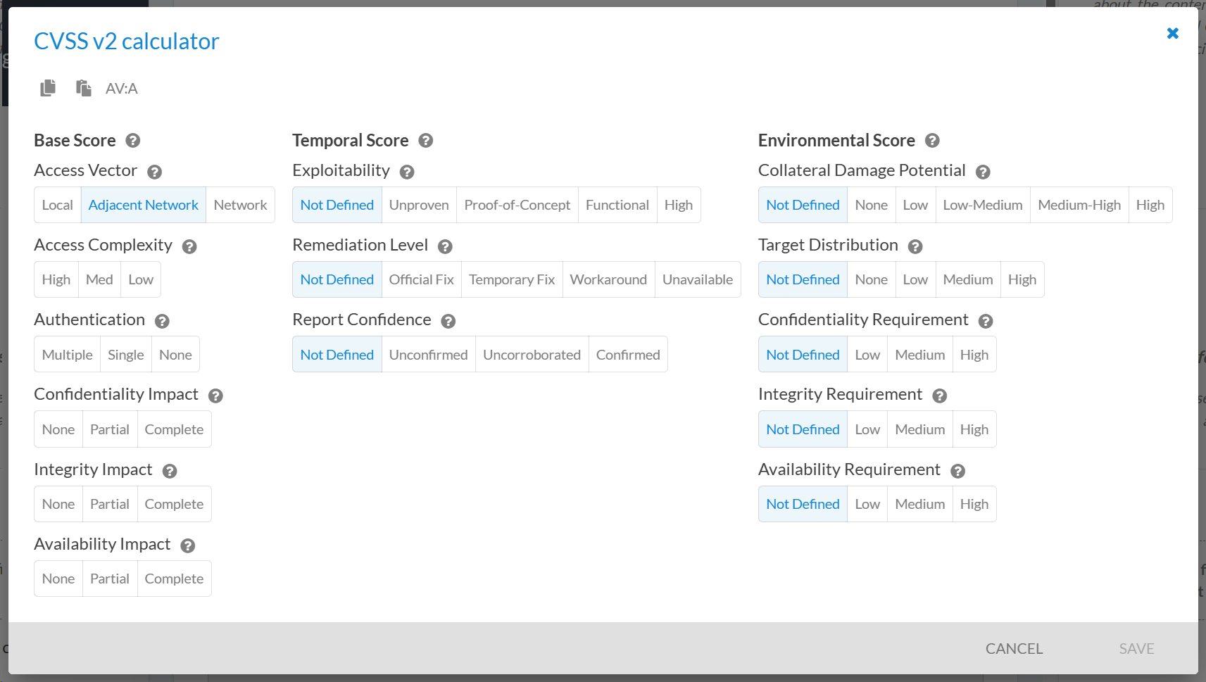 CVSS v2 calculator interface