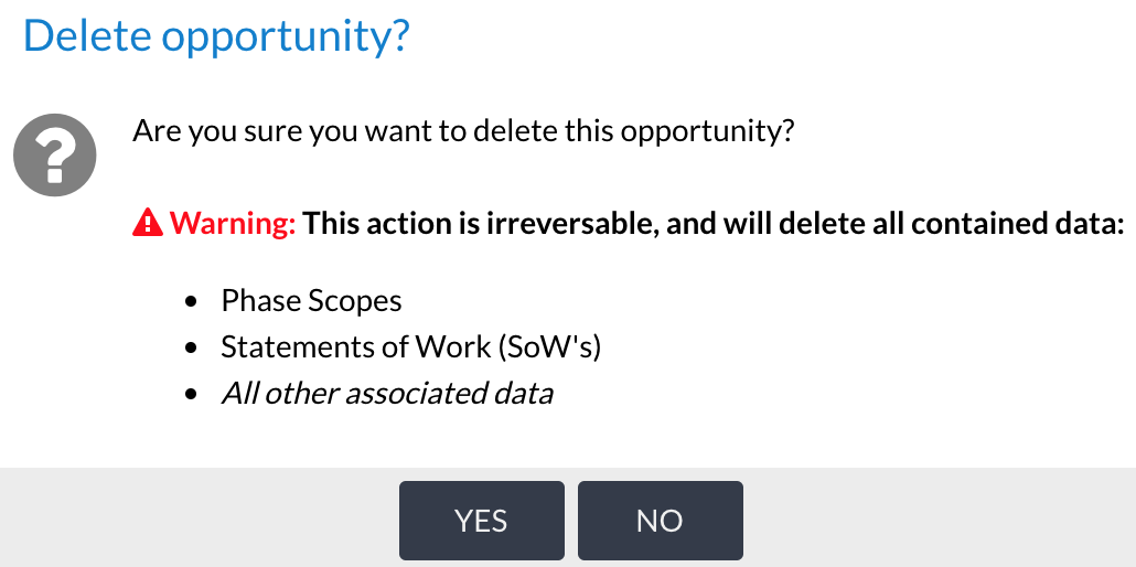 Confirmation dialog for deleting an opportunity