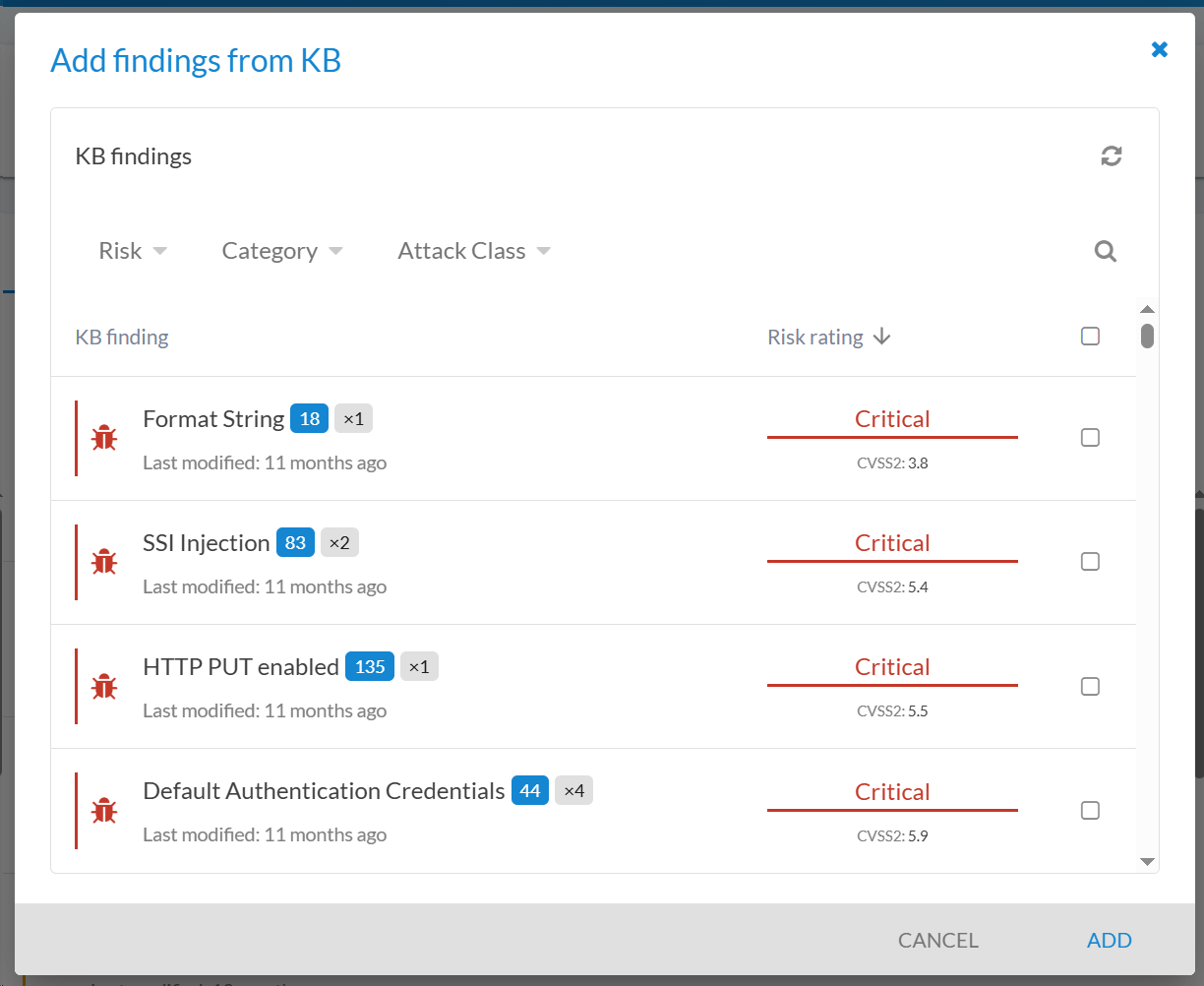 Interface for adding findings from the knowledge base with filter and select options