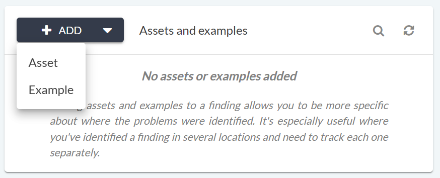 Assets and examples section of finding view