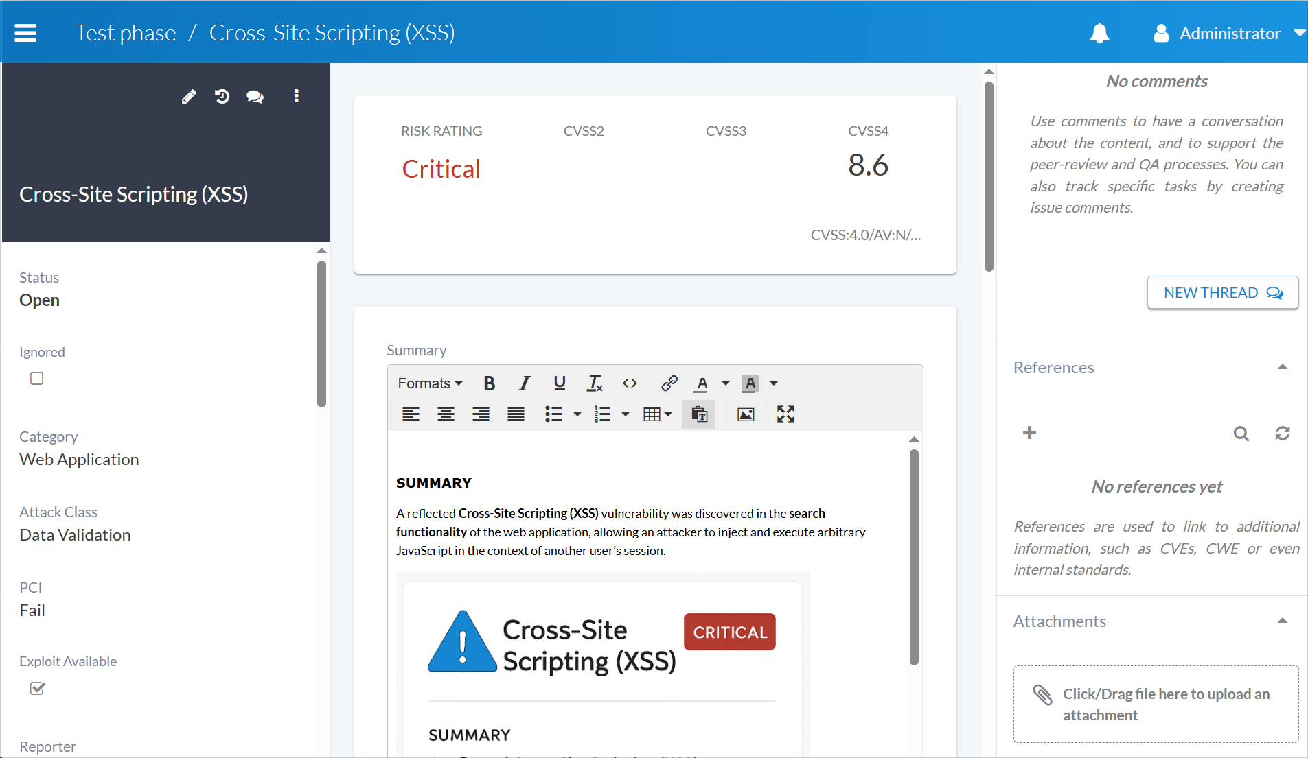 Example XSS finding view