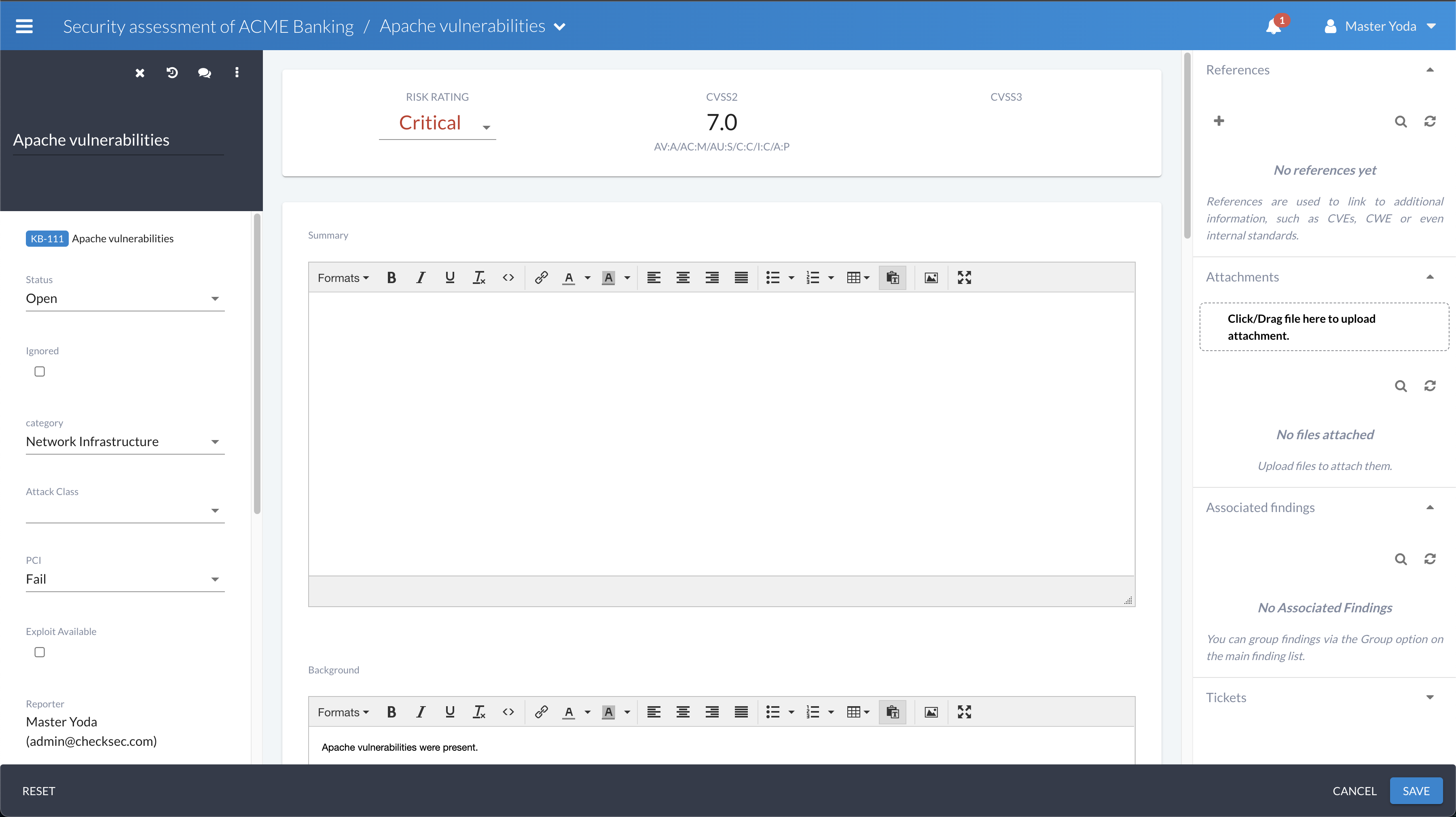 Full edit mode for findings showing all editable fields on a single page