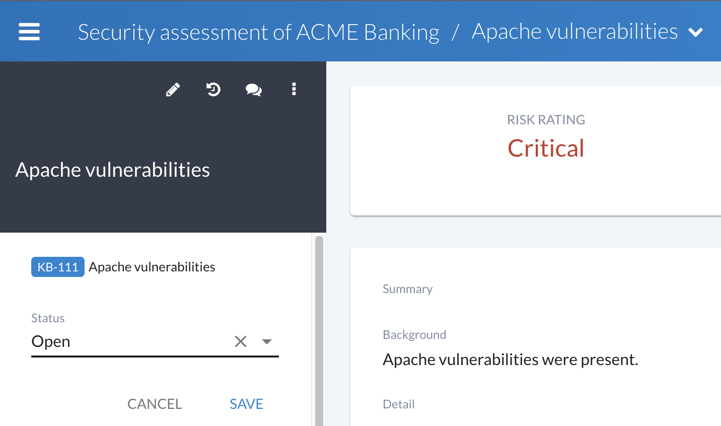 Inline editing interface for findings, showing editable fields directly in the view