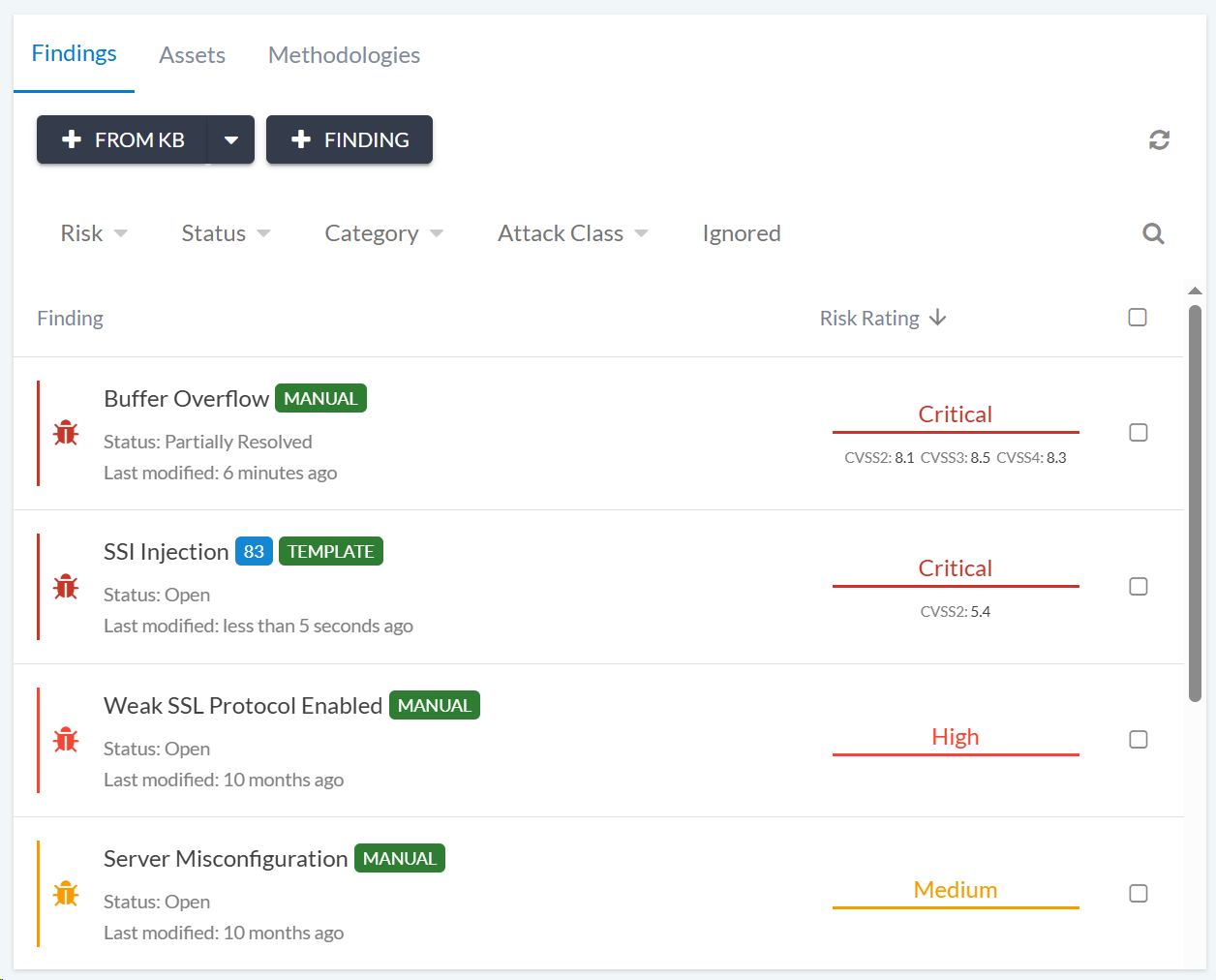 Finding list view showing sortable and filterable findings in a phase