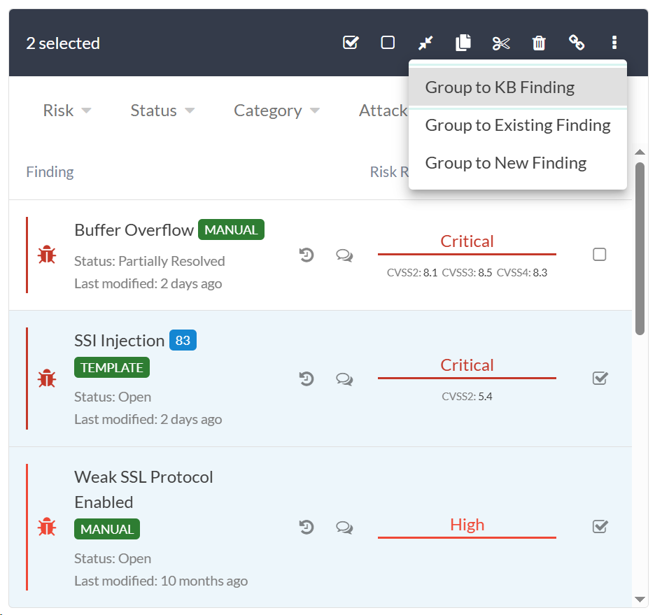 Dropdown menu for grouping findings