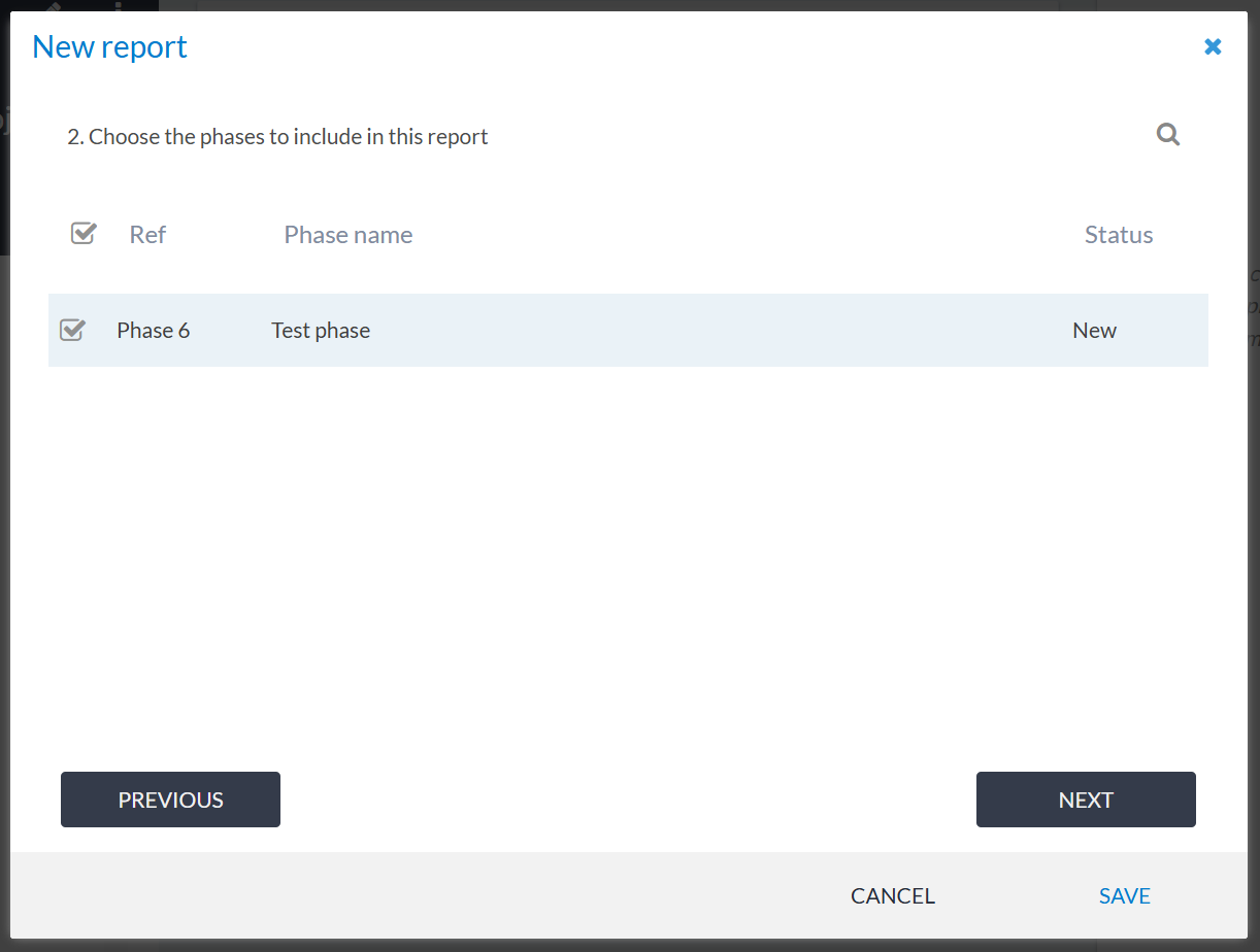 Step 2 of report wizard - phase selection