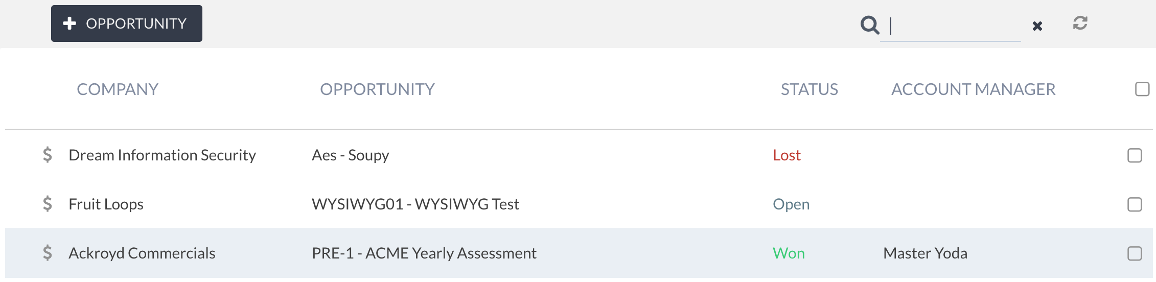List view of opportunities with filtering and sorting options