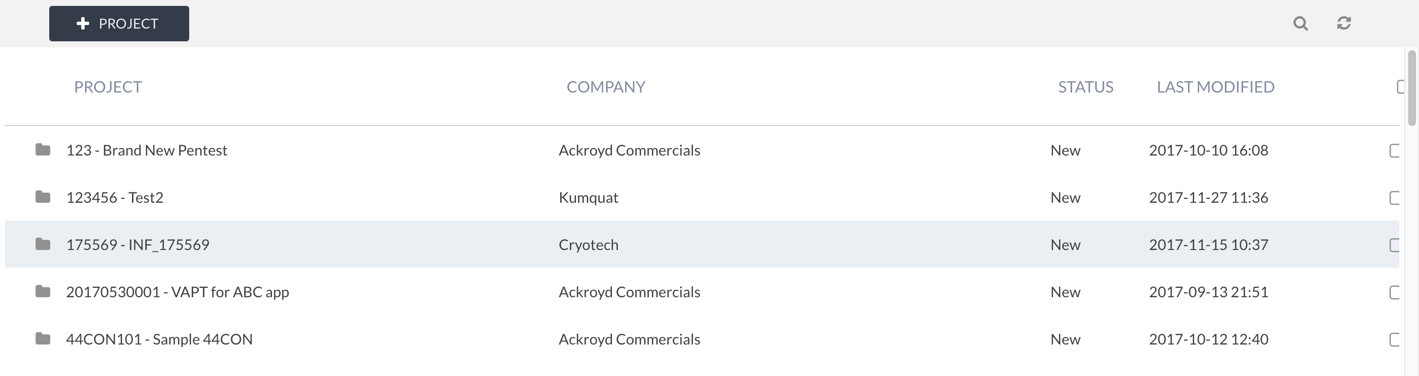List view of projects with filtering and sorting options