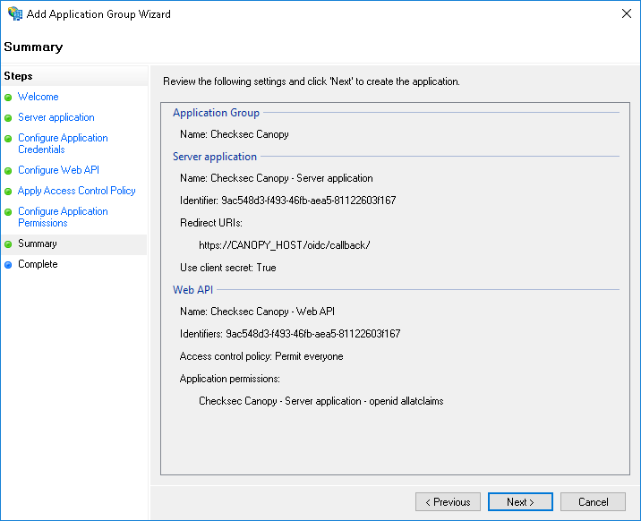 ADFS application group configuration summary review screen