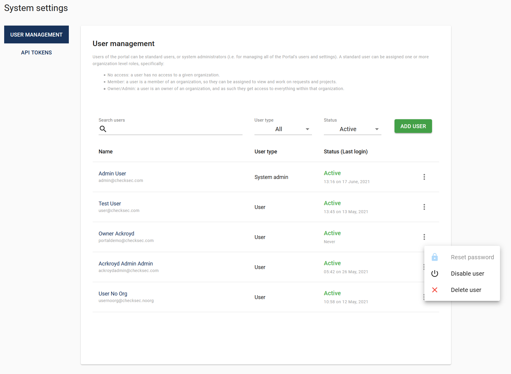 User management view (system administration)