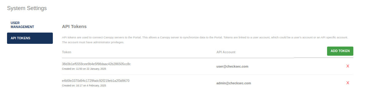 API Tokens list